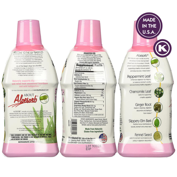 Lily Of The Desert Stomach Formula, Organic Aloe Vera Juice with Slippery Elm