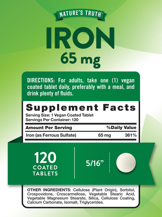 Nature's Truth Iron Supplement | 65mg | 120 Tablets | 325mg Ferrous Sulfate | Non-GMO & Gluten Free Pills