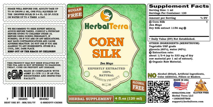 Corn Silk (Zea Mays) Glycerite, Organic Dried Silk Alcohol-Free Liquid Extract