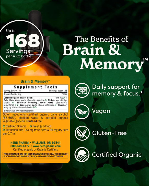 Herb Pharm Brain and Memory Liquid Herbal Formula with Ginkgo for Memory
