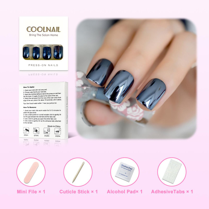 Coolnail Reflective Mirror Blue Gray Metal Plating False Fake Nails Navy Blue Acrylic Metallic Square Nail Art Tips