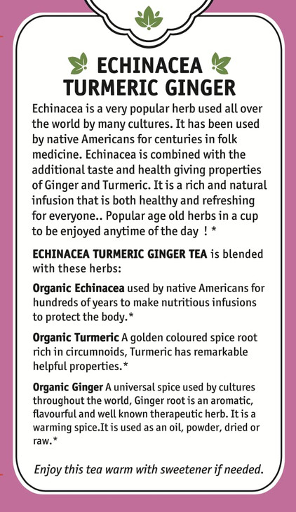 Herbal Cup Echinacea Tea, Organic Turmeric Ginger, No Caffeine Herbal Teas (16