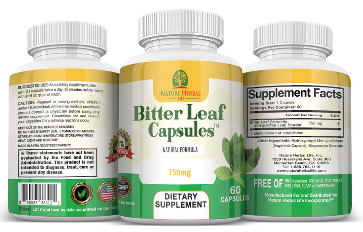 Nature Herbal Life Bitter Leaf Capsules. (3 Bottles) 750mg. 180 Vegetarian Heart
