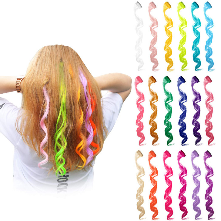 Blulu 24 Pcs Colored Hair Extensions 20 Inch Clip in Curly Wavy Synthetic Rainbow Hairpiece Hair Accessories for Women Party Gift Cosplay