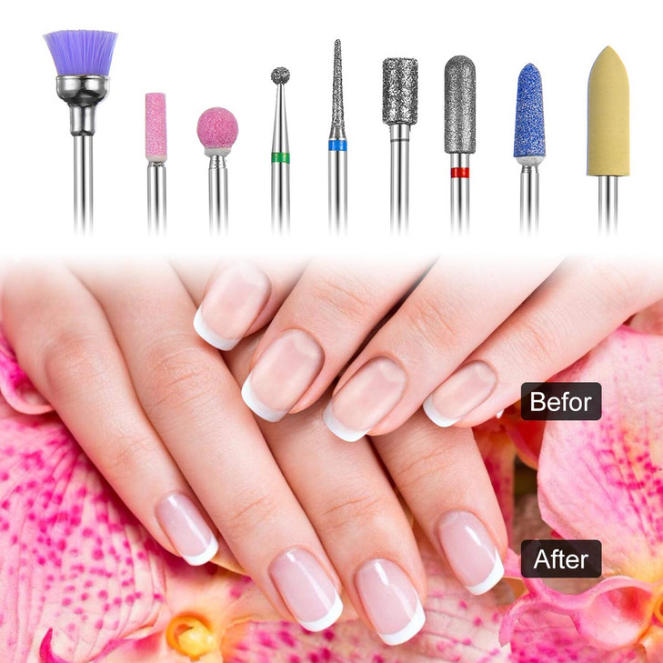 LANSEYQO Diamond Cuticle Nail Drill Bits Set 9Pcs, Rotary Burr Pedicure Tools Nail Files Electric Machine Accessory for Cuticle Clean Polishing, Nail