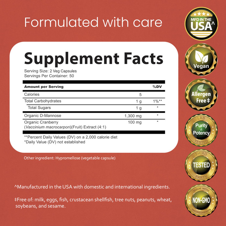 NaturaLife Labs Organic D-Mannose 1300 mg with Organic Cranberry Extract 100 mg