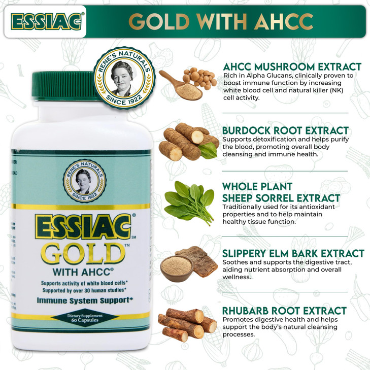 Essiac Gold with AHCC - Premium Immune System Booster - 60 Herbal Capsules