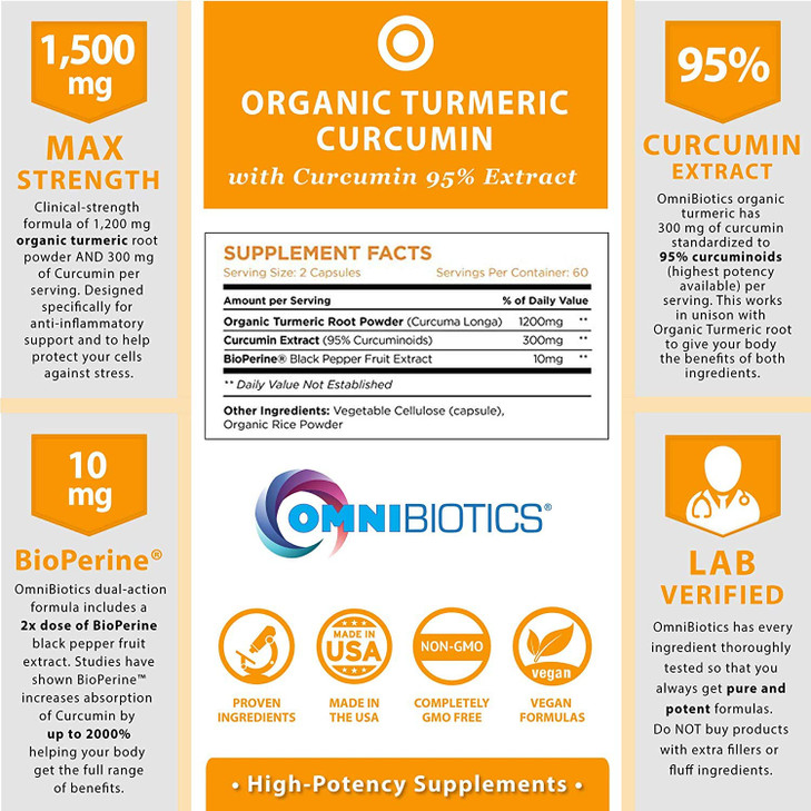 OmniBiotics Organic Turmeric Curcumin Supplement with Black Pepper Extract