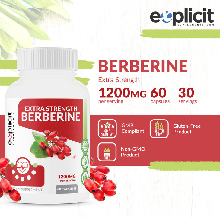 eXplicit Supplements Natural Berberine HCl - 1200mg Max Strength