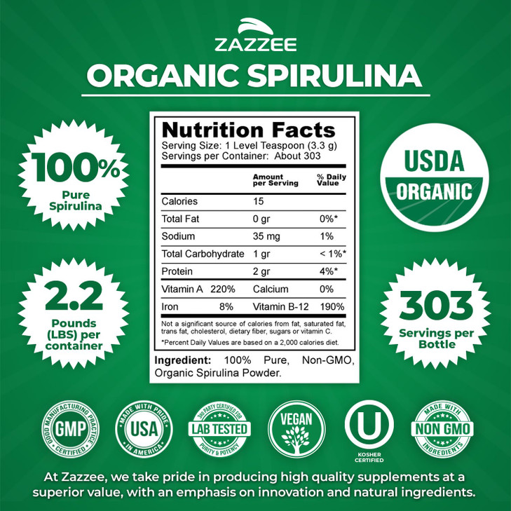 Zazzee USDA Organic Spirulina Powder, 2.2 Pounds (1 KG), 303 Servings, Certified