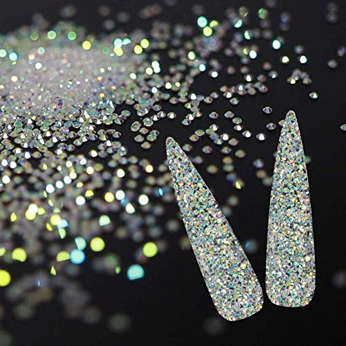 10000Pcs Tiny Rhinestones 1.2mm Clear AB Flatback Glass Pixie Crystals, Iridescent Gems Long Lasting Shine Small Sugar Beads Dust Charms for Nail Des