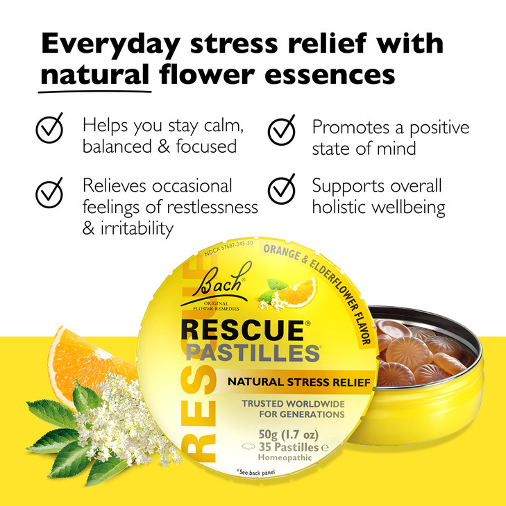 Bach Rescue PASTILLES, Orange and Elderflower Flavor, Natural Stress Relief