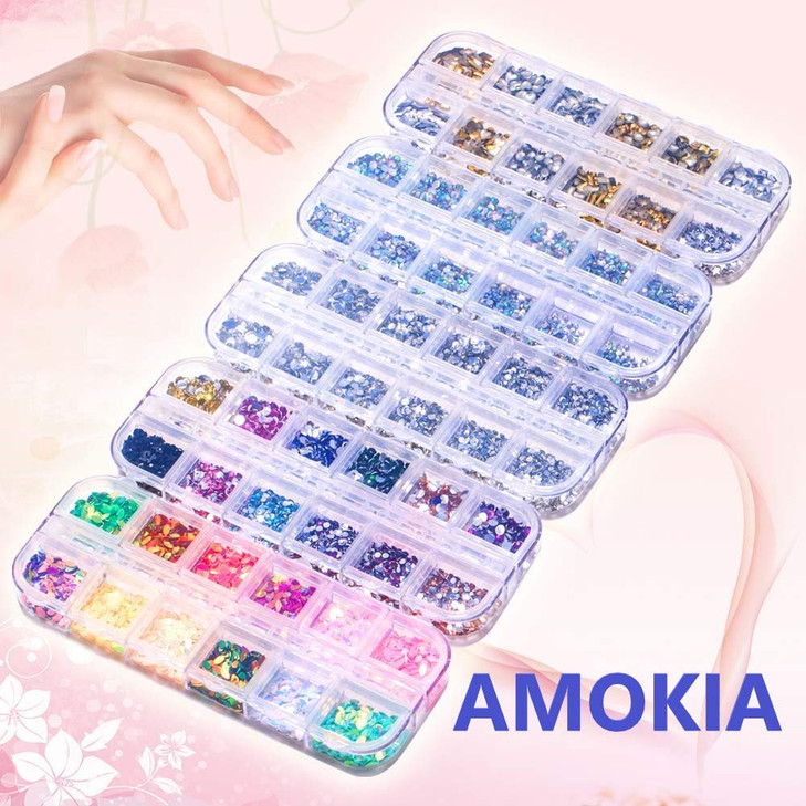 6400pcs Nail Art Rhinestones, Nail Crystal Gems Nail Diamonds, Gold Silver Nail Studs Colorful Nail Sequins & Rhinestones for Nails Kit with Tweezers