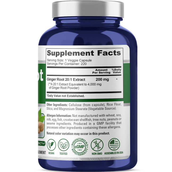 NusaPure Ginger Root Capsules 20:1 Extract, 200 mg Equivalent to 4,000mg per