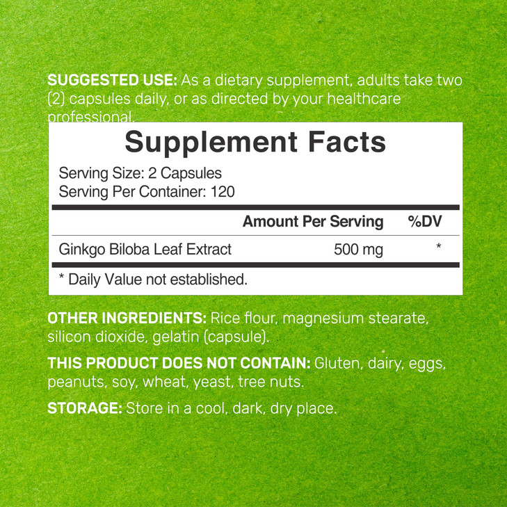 DEAL SUPPLEMENT Ginkgo Biloba 500mg Per Serving, 240 Capsules, 4 Month Supply