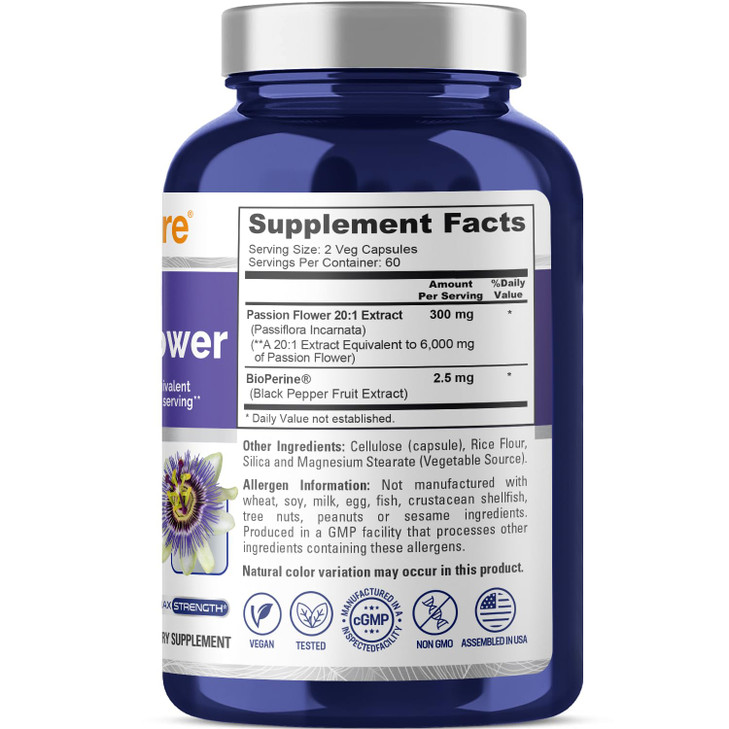 NusaPure Passion Flower 20:1 Extract, 300 mg Equivalent to 6,000mg, 120 Veggie