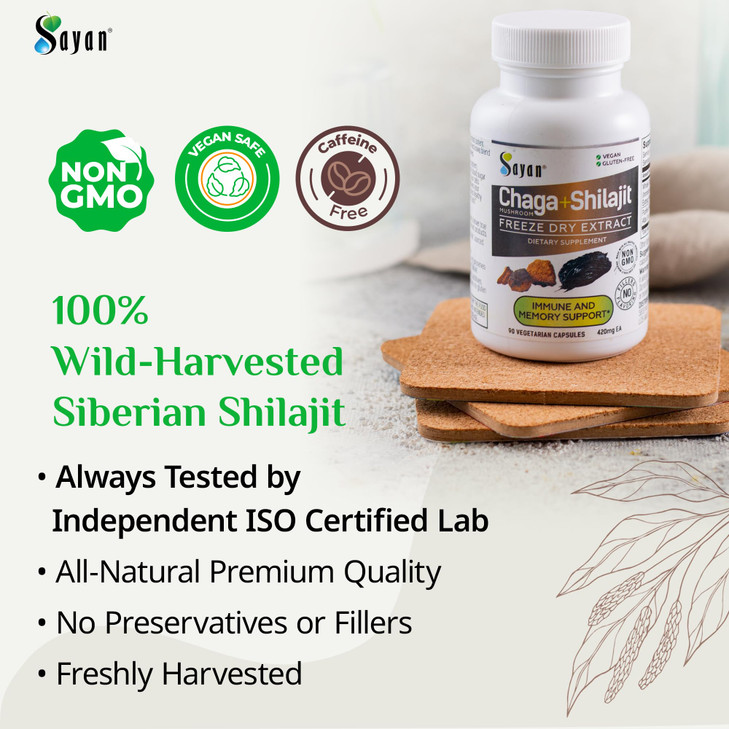 Sayan Siberian Chaga Mushroom Extract with Shilajit 90 Capsules/420mg ea.