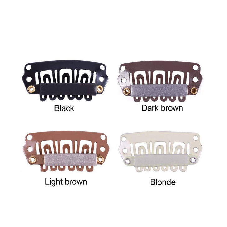 YANTAISIYU 24 pcs/lot Hair Extensions Clips 28mm 6-Teeth U-Shape Snap Metal Wig Clips with Rubber for Hairpiece Hair Extensions (Light Brown)