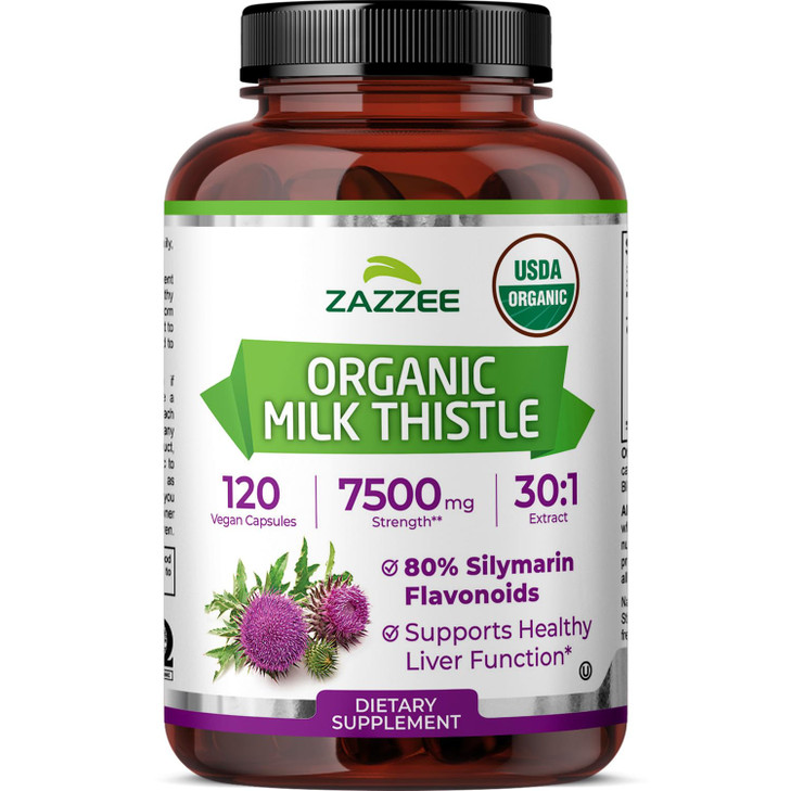 Zazzee USDA Organic Milk Thistle Extract 30:1, 80% Silymarin, 7500 mg
