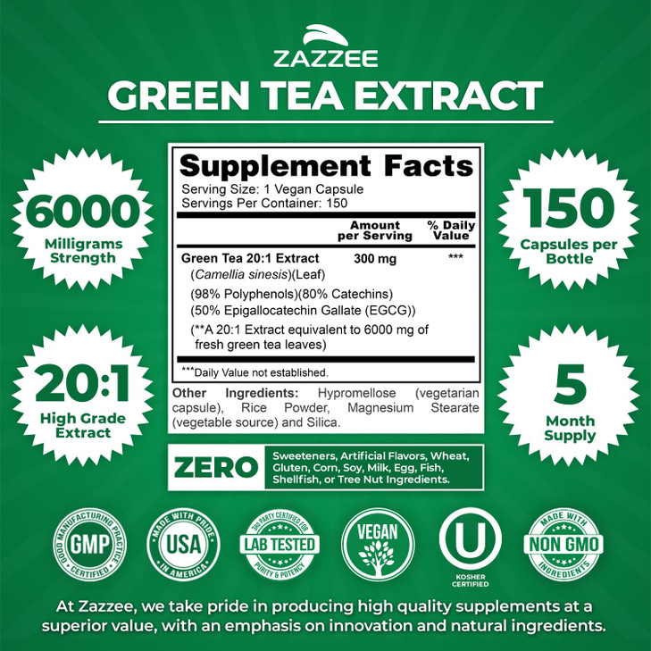 Zazzee Extra Strength Green Tea Extract 20:1, 6000 mg Equivalent, 50% EGCG, 98%