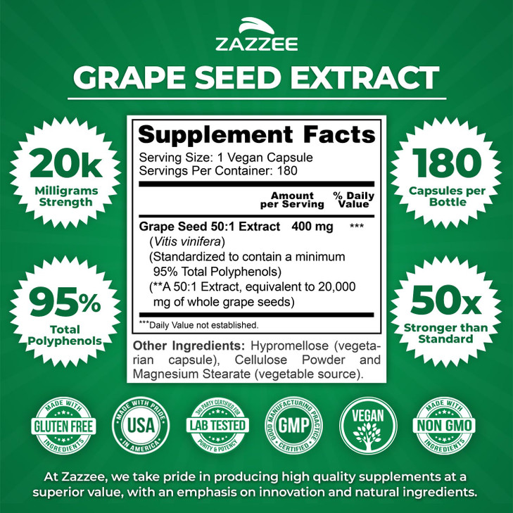 Zazzee High Strength Grape Seed 50:1 Extract, 180 Vegan Capsules, 95%