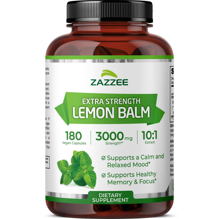Zazzee Organic Lemon Balm 10:1 Extract, 3000 mg Strength per Capsule, 180 Vegan