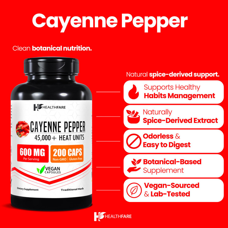 HealthFare Cayenne Pepper Capsules 600mg - 200 Vegan Pills