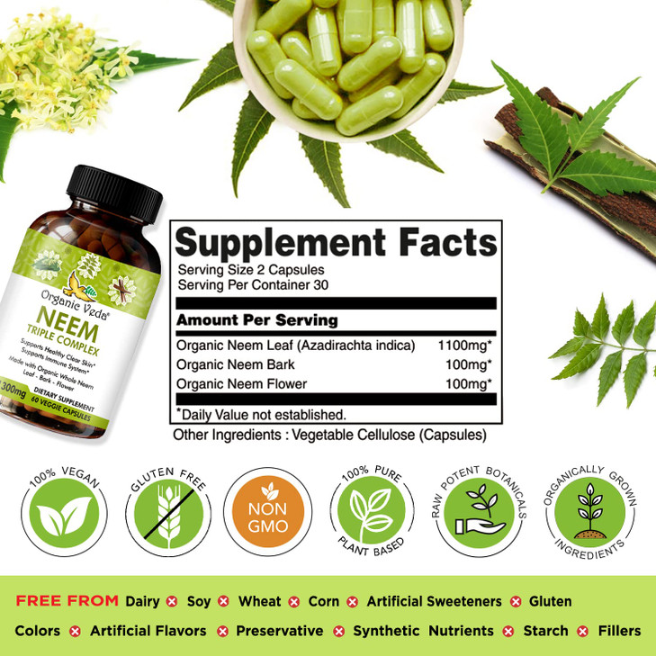 Organic Veda Neem Capsules with Triple Complex Neem Leaf Extract, Bark & Flower