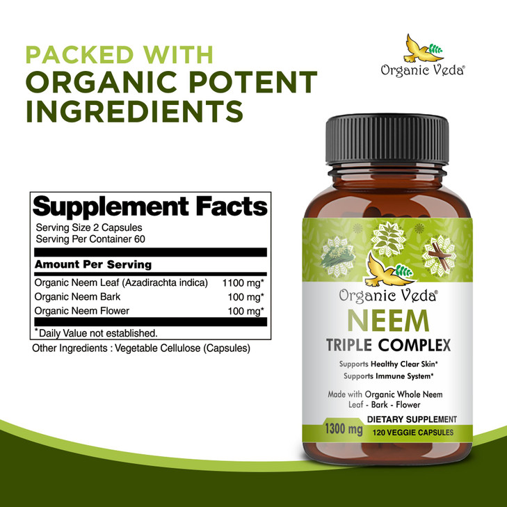 Organic Veda Neem Capsules Triple Complex Neem Leaf, Bark & Flower Extracts