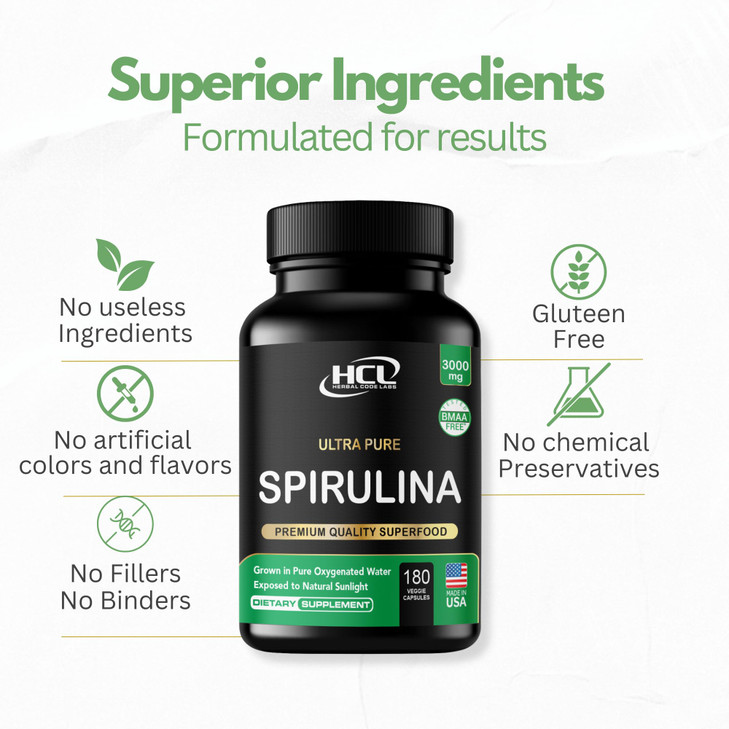 Spirulina Powder Capsules 3000 mg - Purest Non-Irradiated Blue Green Algae
