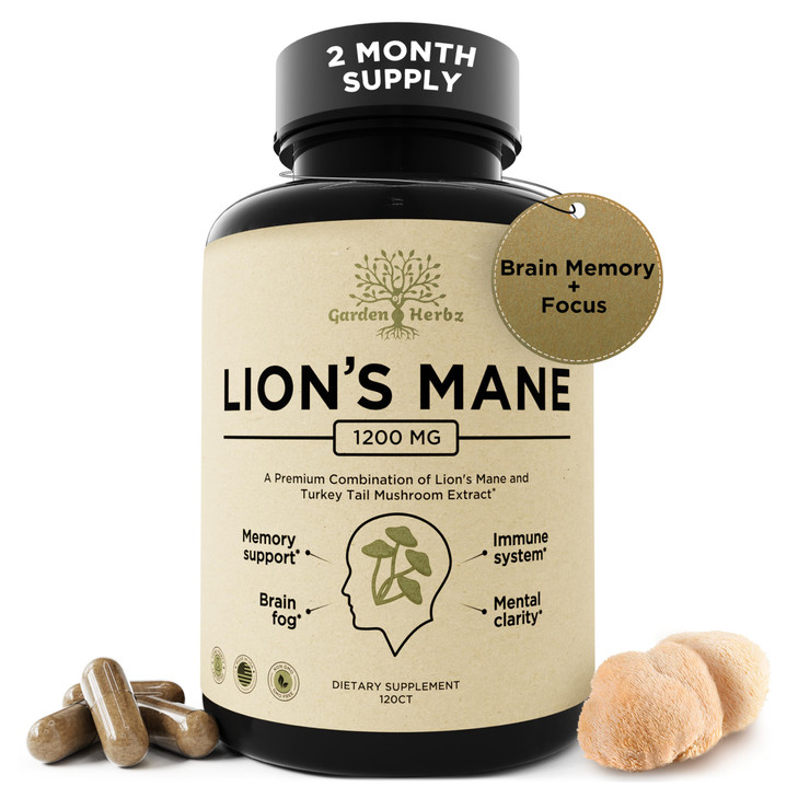 Garden of Herbz Lions Mane Mushroom Supplement Capsules with Turkey Tail