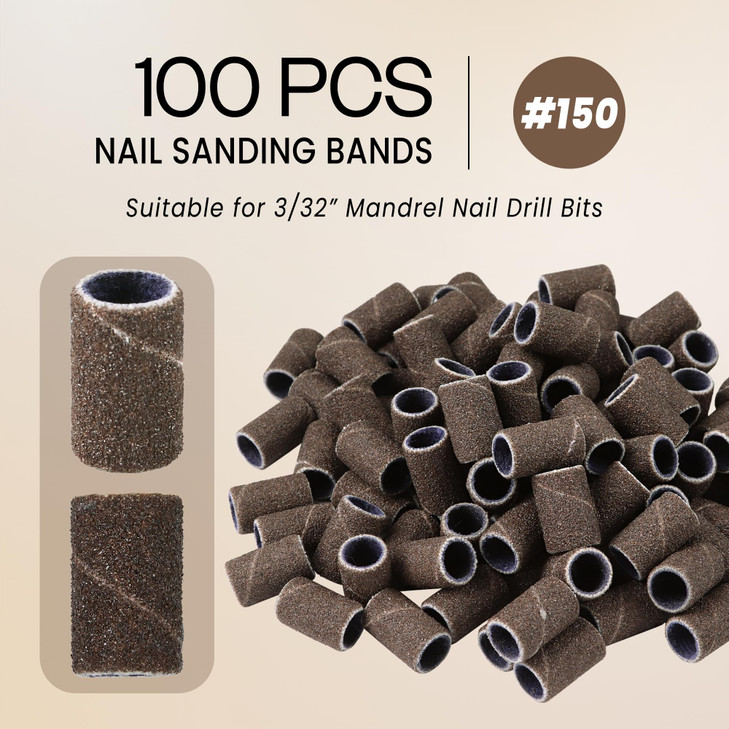 PANA 100 Pieces Nail Sanding Bands Professional Nail Manicure Great Fit for Nail Drill Bits for Acrylic Nails (150 Grit, Brown)