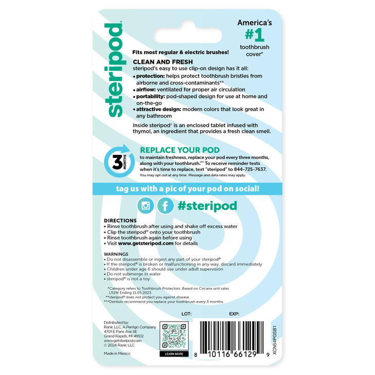 Steripod Clip-On Toothbrush Protector, Green and Blue, 2 Count