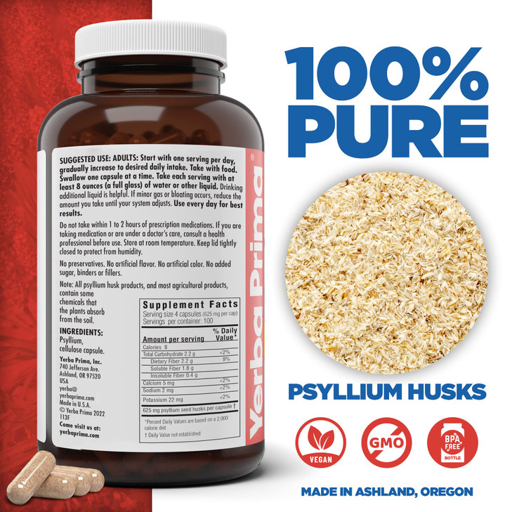 Yerba Prima Psyllium Husks Veg Caps, 400 Capsules (625mg)
