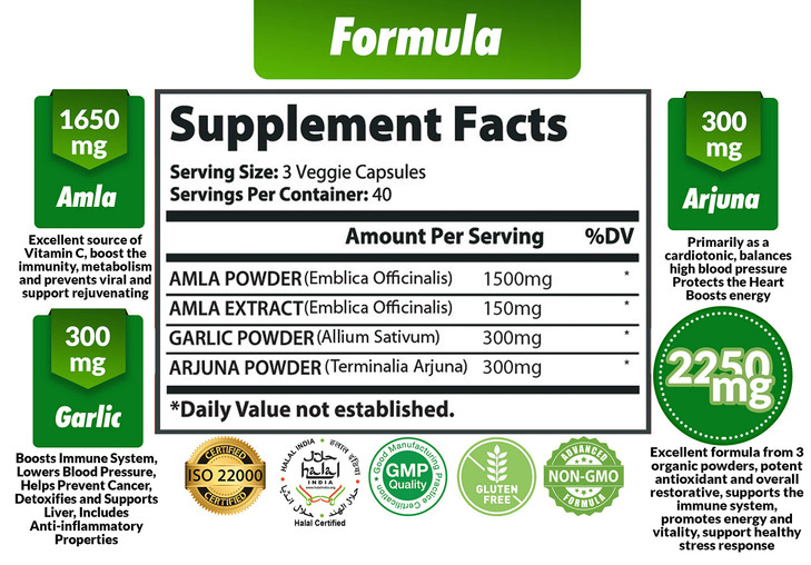 Organic Amla Capsules 2250mg & Arjuna, Garlic |Natural Vitamin C Supplements