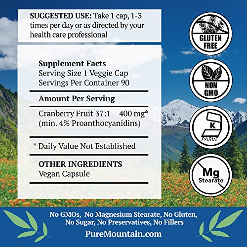 Pure Mountain Botanicals Cranberry Pills Kosher Vegan Capsules with 400mg