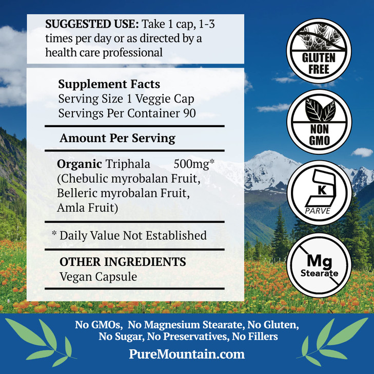 Pure Mountain Botanicals Triphala Capsules 90 Kosher Vegan Caps Now with 500mg