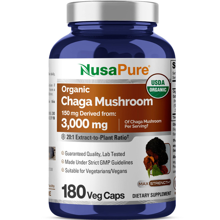 NusaPure Chaga Mushroom 20:1 Extract, 150 mg Equivalent to 3,000mg per Veggie