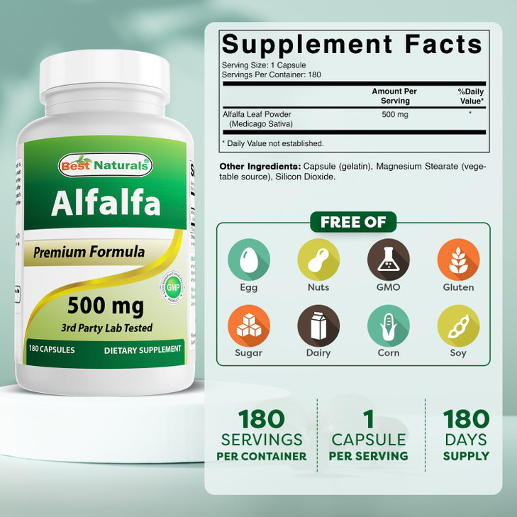 Best Naturals Alfalfa Green Super Food 500 mg 180 Capsules (180 Count (Pack