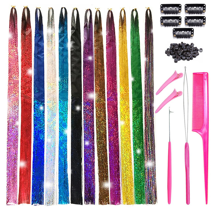 Tototoo Hair Tinsel 3000 Strands With Tools 44 Inch 12 Colors Fairy Hair Tinsel Kit for Girls Glitter Hair Tinsel Strands Kit Heat Resistant Sparklin