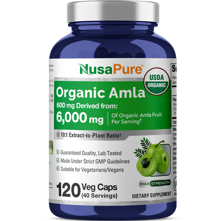 NusaPure Organic Amla Capsules 10:1 Extract, 600 mg Equivalent to 6,000mg