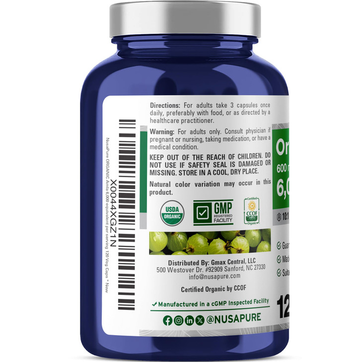NusaPure Organic Amla Capsules 10:1 Extract, 600 mg Equivalent to 6,000mg