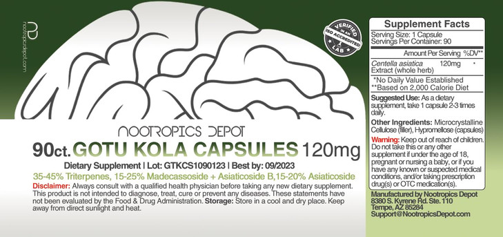 Nootropics Depot Gotu Kola Extract Capsules - 120mg - 90 Count