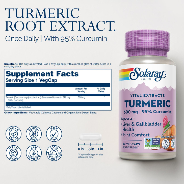 SOLARAY Turmeric Supplement 600mg - Turmeric Root with 95% Curcumin