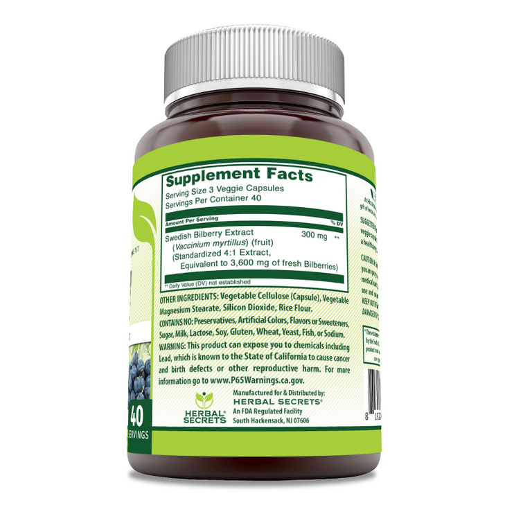 Herbal Secrets Bilberry Extract 300 Mg - 4:1 Extract (3600 mg Equivalent)
