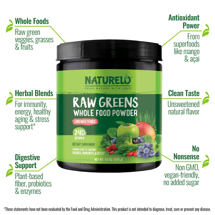 NATURELO Raw Greens Superfood Powder - Unsweetened