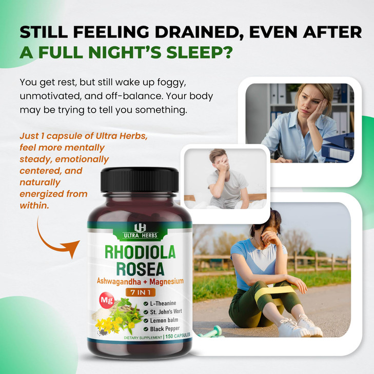 Rhodiola Rosea Supplement Enriched with Ashwagandha, Magnesium, L-Theanine, St.