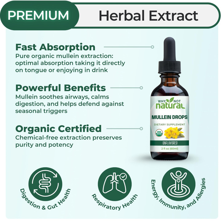 USDA Organic Mullein Drops for Lungs - Leaf Extract Tincture Supplement
