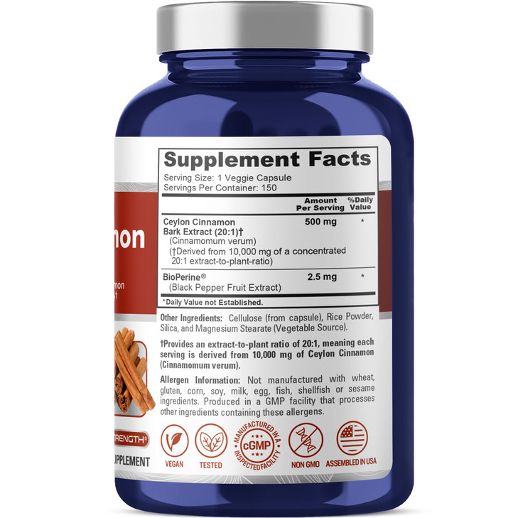 NusaPure Ceylon Cinnamon20:1 Extract, 500 mg Equivalent to 10,000 mg Per Caps