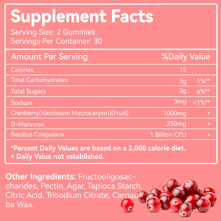 Cranberry Gummies 1000mg, Cranberry Supplements for Women, with D-Mannose 250mg